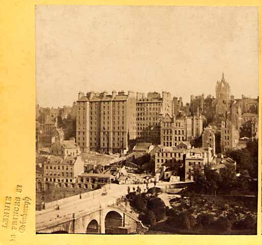 Enlargement from a stereo view by Lennie  -  Old Town of Edinburgh and Waverley Bridge, from Princes Street