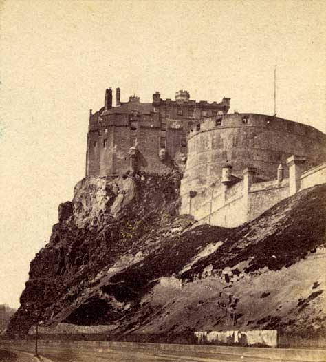 Enlargement from a stereo view by Alexander McGlashon  -  Looking to the east from Johnston Terrace towards Edinburgh Castle.