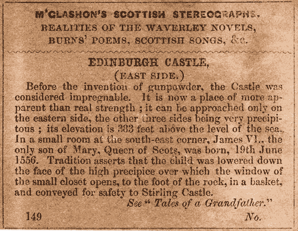 Text on the back of a McGlashon Scottish Stereograph  -  Edinburgh Castle