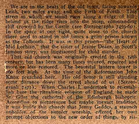 Description on the back of a Stereo View of John Knox House in the Royal Mile  -  Underwood & Underwood