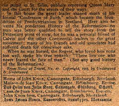 Description on the back of a Stereo View of of John Knox House in the Royal Mile  -  Underwood & Underwood