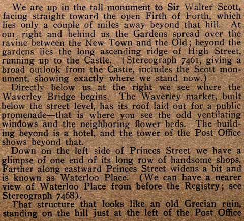 Text on the back of a stereo view of Princes Street at Waverley looking east towards Calto Hill  -  by Underwood & Underwood