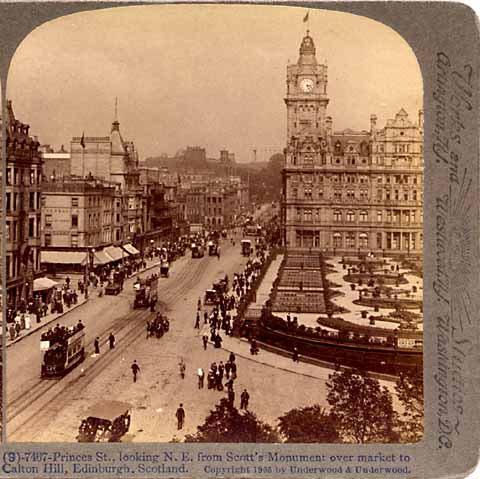 Enlargement of a view by Underwood & Underwood  -  looking from the Scott Monument to the east along Princes Street towards Calton Hill