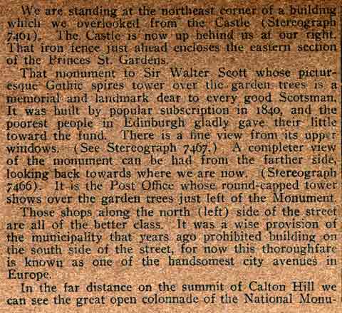 Underwood & Underwood  -  Text on the back of a stereo view looking to the east along Princes Street towards the Scott Monument