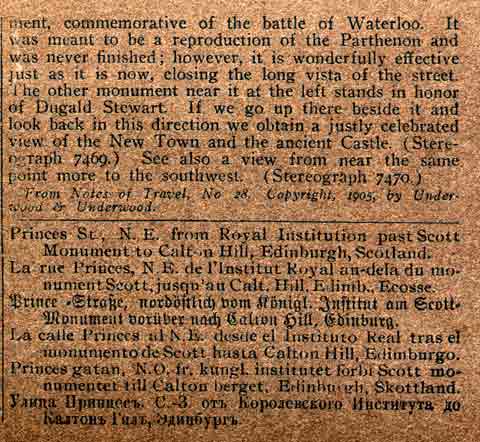 Underwood & Underwood  -  Text on the back of a stereo view looking to the east along Princes Street to the Scott Monument