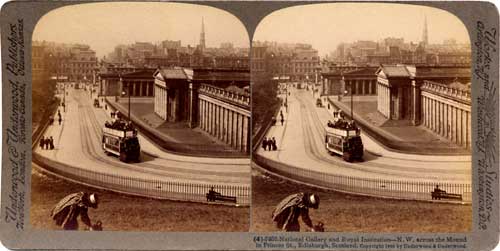 Stereo View looking down the Mound towards the National Galleries and Princes Street  -  Underwood & Underwood