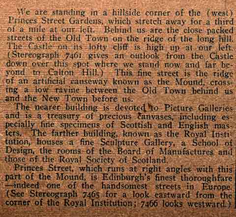 Description on the back of a Stereo View looking down the Mound towards Princes Street  -  Underwood & Underwood