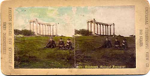 Stereo view of the National Monument on Calton Hill  -  published by Universal Stereoscopic View Company