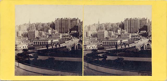 GW Wilson stereo card - Waverley Bridge and Old Town from Princes Street, showing the arches of Waverley Bridge