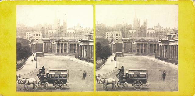 Stereo view by G W Wilson  -  National Galleries at the foot of the Mound.  Assembly Hall in the background
