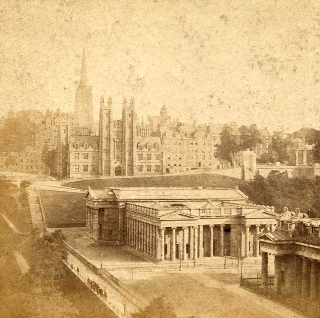 Enlargement of a  stereo view by an unidentified photographer  -  National Galleries of Scotland and the Free Church of Scotland Offices on the Mound.