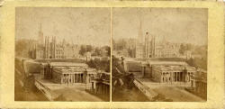 A stereo view by an unidentified photographer  -  National Galleries of Scotland and the Free Church of Scotland Offices on the Mound.