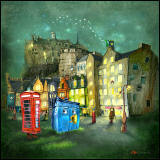 Painting 'Weird Night' by Matylda Konecka  -  Edinburgh Castle and Grassmarket from East End of Grassmarket