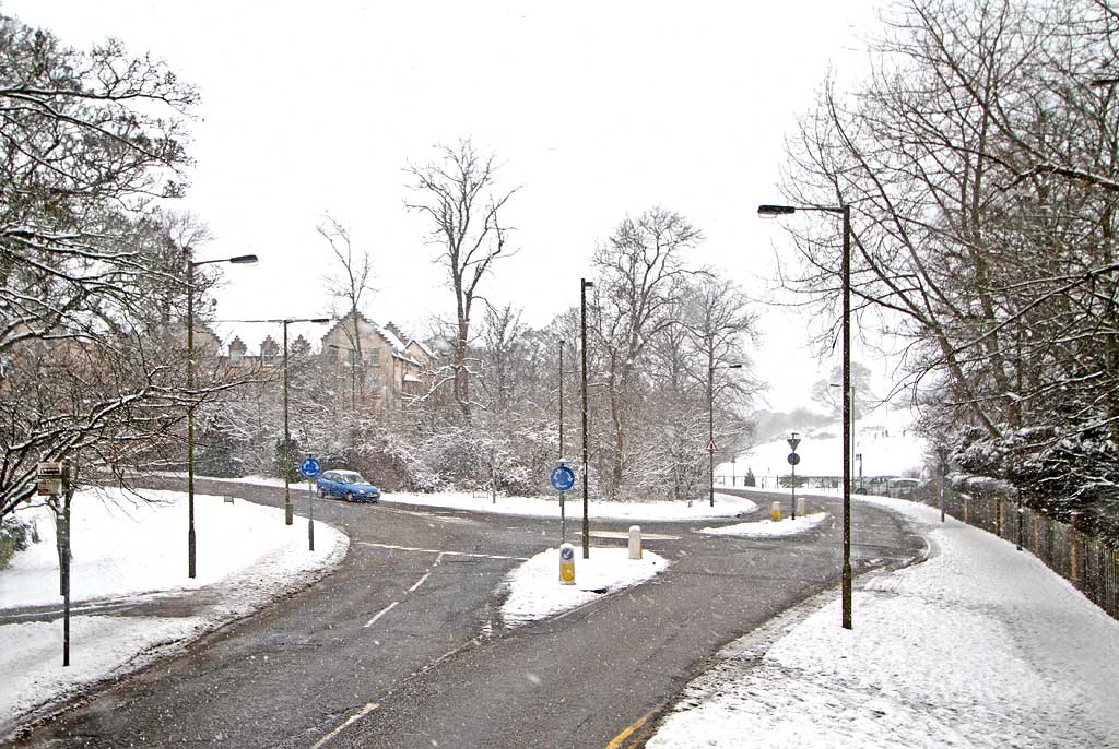 View form the top deck of a No 23 bus travelling to the west along Greenbank Drive towards the junction with Glenlockhart Road  -   Christmas Eve, 2009