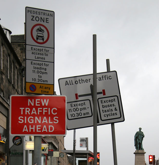 Road signs introduced into Edinburgh New Town in 2005 as part of the Central Edinburgh Traffic Management Scheme  -  Hanover Street, looking north approaching the junctions with Rose Street then George Street