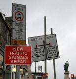 Road signs introduced into Edinburgh New Town in 2005 as part of the Central Edinburgh Traffic Management Scheme  -  Hanover Street, looking north approaching the junctions with Rose Street then George Street the junction with George Street