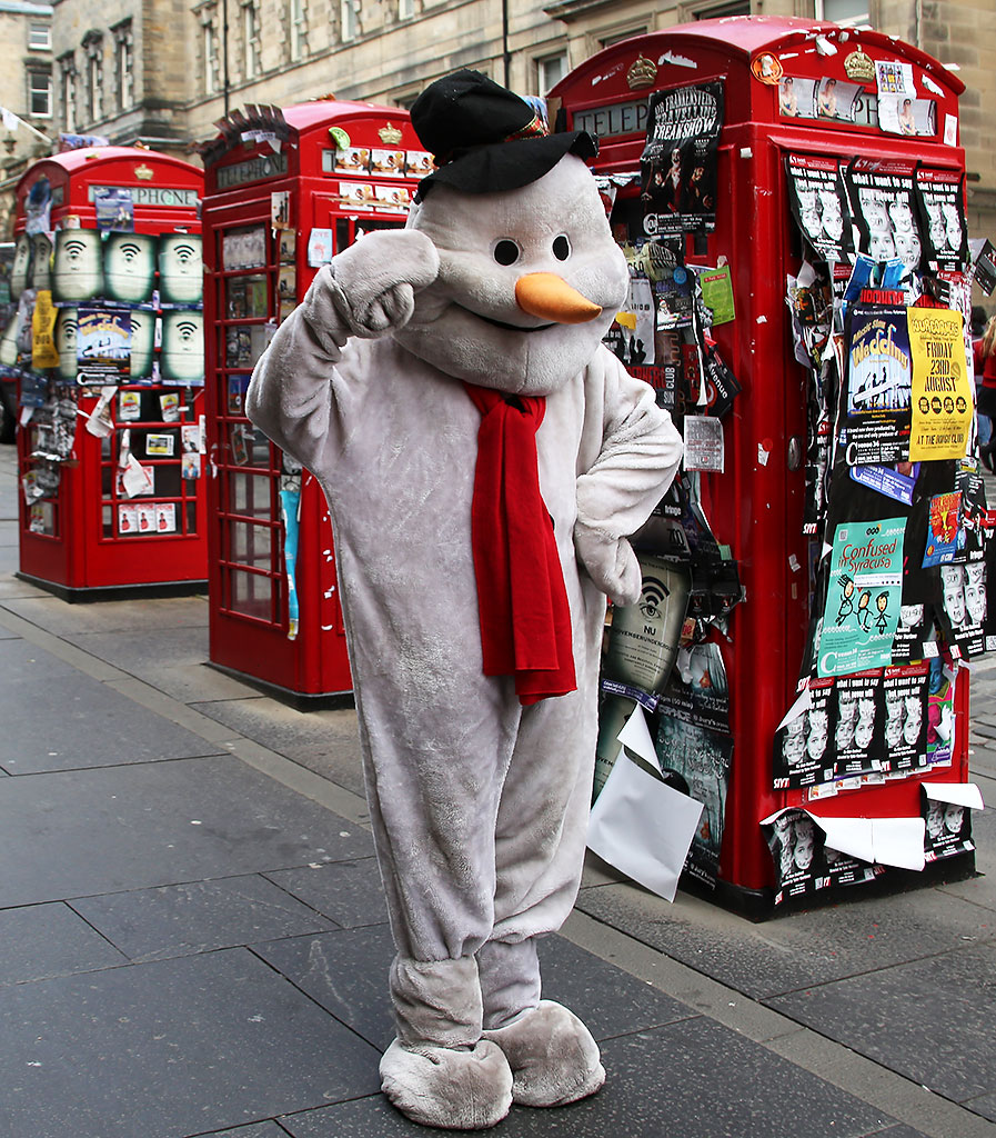 Fringe Performer dressed as Snowman in the High Street  -  August 2013