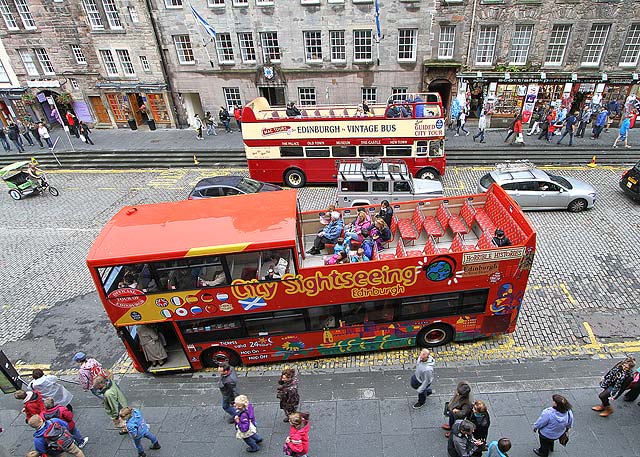 Looking down on open-top bus in Lawnmarket, Edinburgh