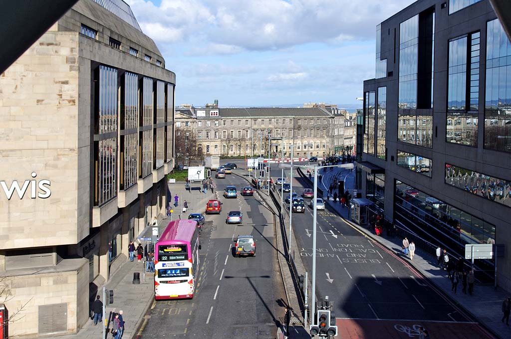Looking to the north down Leith Street from the pedestrian bridge over the street