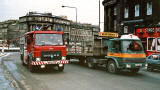 Fire engine leaving London Road Roundabout in Leith Walk and heading south, close to the top of the Walk  -  February 1986