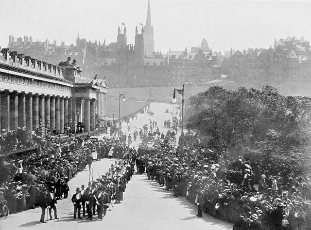 Magistrates wait at the foot of the Mound as a Procession of Masons passes along Princes Street to commemorate the Laying of the Foundation Stone for North Bridge, 1896