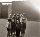 Fiona Lodan and some mates outside Cummings (box makers) in Murano Place, around 1968