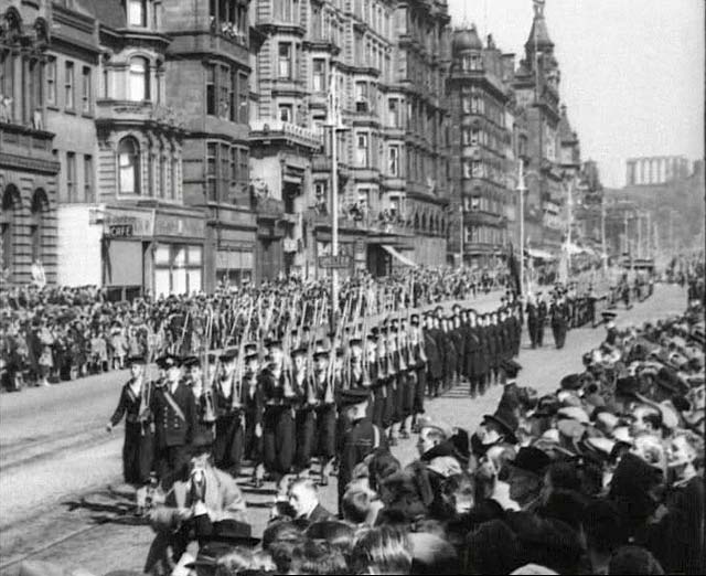 Image from the start of a film clip of a parade along Princes Street, during Allies Week in Edinburgh, 1942