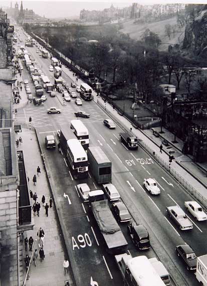 Transport in Princes Street  -  Looking to the east from on high at the West End  -  Photograph possibly taken some time around 1960s