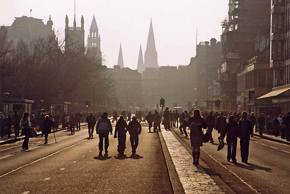 Princes Street, looking towards the West End.  The street has been cleared of traffic to allow an anti-war march to pass along the streetThe Ross Bandstand in West Princes Street Gardens   -  during the 'Scotland v England' Rugby International Match on 22 March 2003