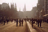 Princes Street, looking towards the West End.  The street has been cleared of traffic to allow an anti-war march to pass along the street