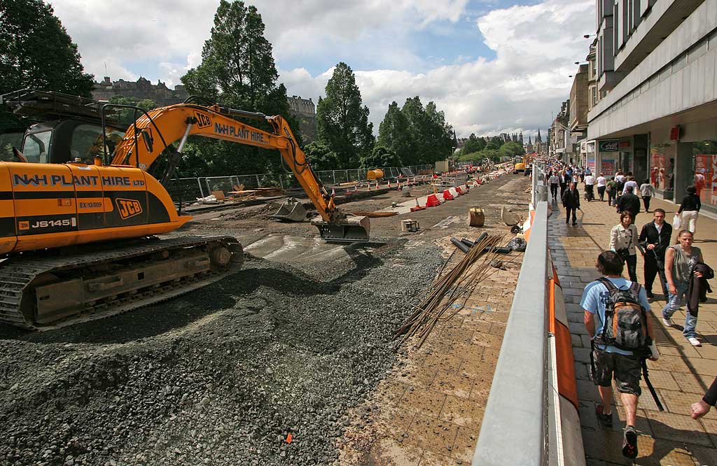Road Works  -  Looking along Princes Street to the west from near the junction with Hanover Street