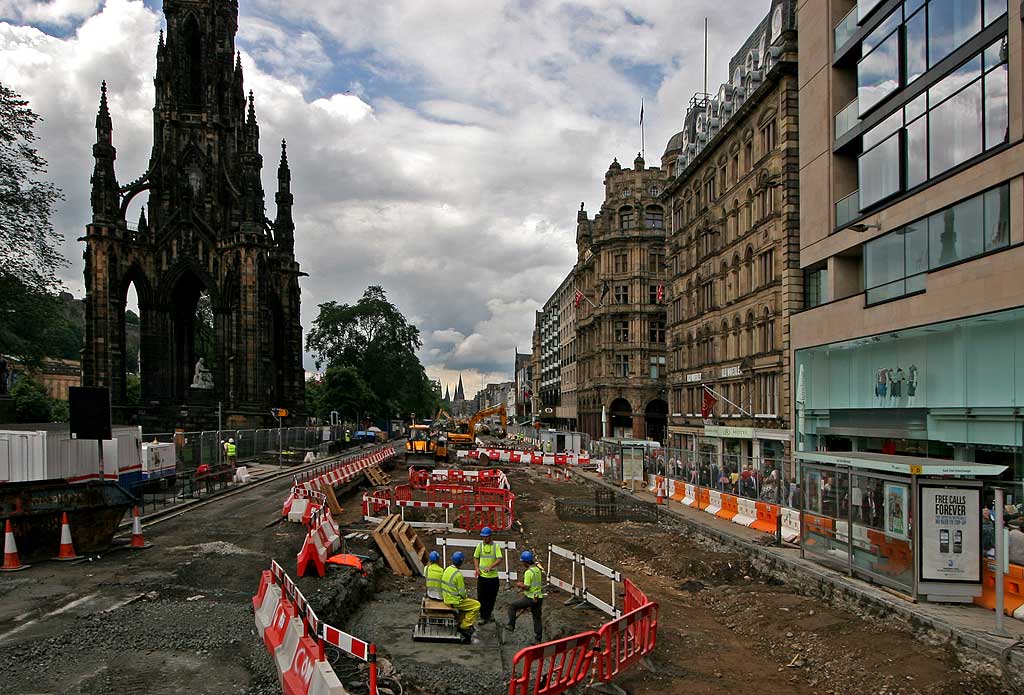 Preparing for Edinburgh's Trams  -  View of the Scott Monument and Princes Street from the junction with Waverley Bridge  -  July 2009