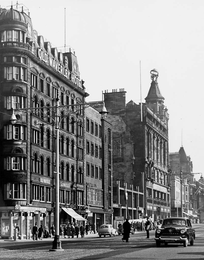 Princes Street Lamp Posts in late-1950s  -  Old Waverley Hotel and shops