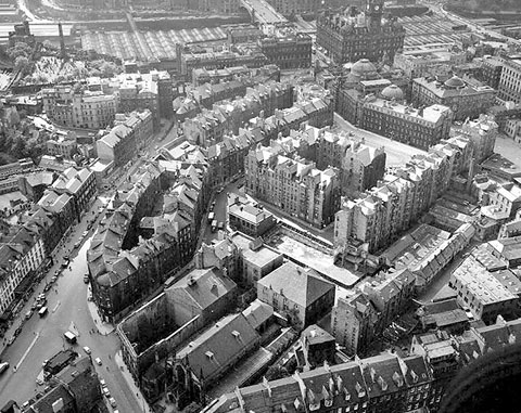 Aerial View of St James Square, St Mary's RC Cathedral and the site of the burnt-out Theatre Royal  -   looking to the SW  - 1958
