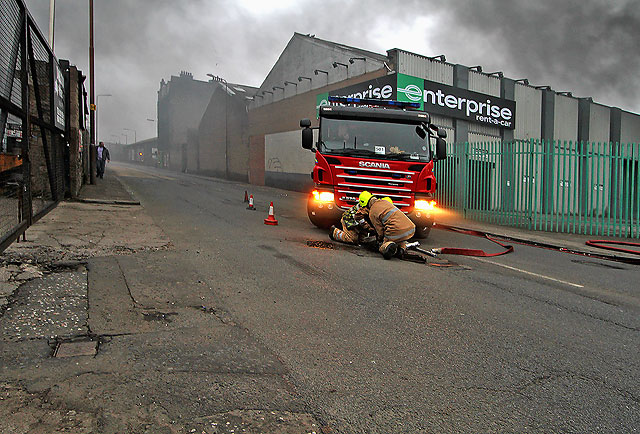 One of the fire engines attending a fire in Salamander Street, Leith  -  9.15pm on July 5, 2012