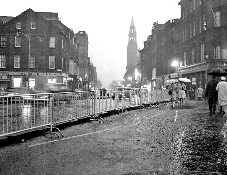 Looking to the east along Shandwick Place, towards the West End of Princes Streeet, as the tram lines were being lifted in 1955