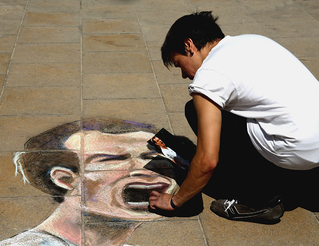 Picture drawn  in chalk by Oscarn Ibanet  on the pavement outside Register House at the East End of Princes Street  -  Andy Murray, drawn on the day after he won the Wimbledon Championship, July 2013