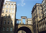 Looking up to Regent Bridge, that carries Waterloo Place over Calton Road